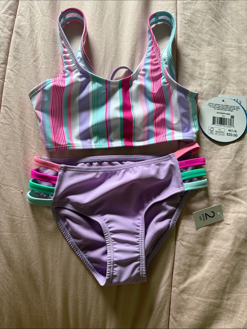 Girls' Lavender & Multicolor Striped Two-Piece Swim Set - Brand Unspecified